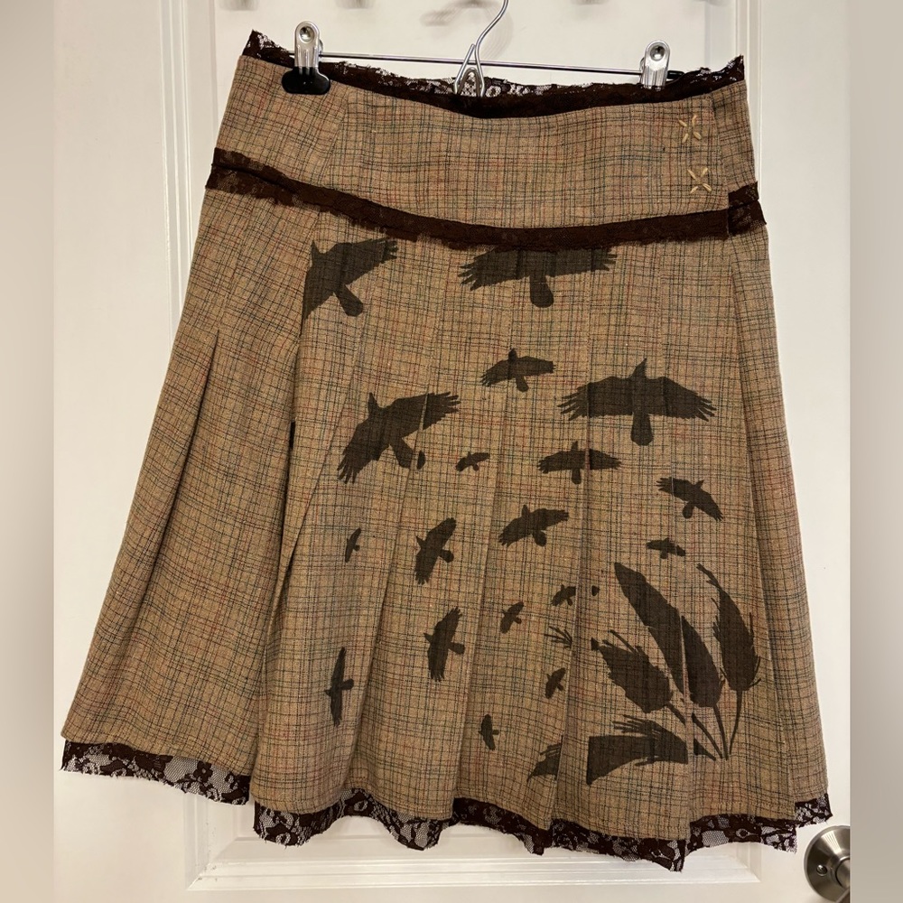 Industry Brown Plaid Skirt with Bird Print Size 28